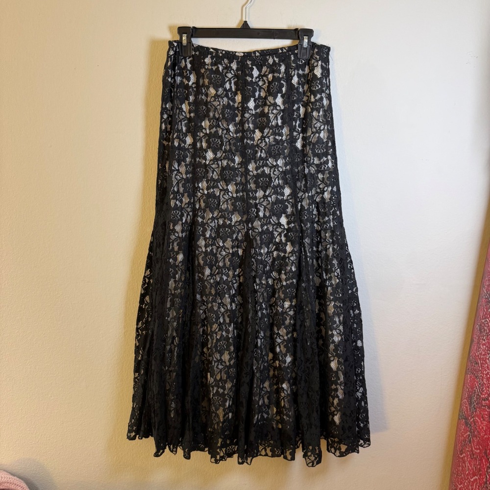 Karen Kane Black Floral Lace Maxi Skirt Lined Elastic Waist 4L78508 L goth witch